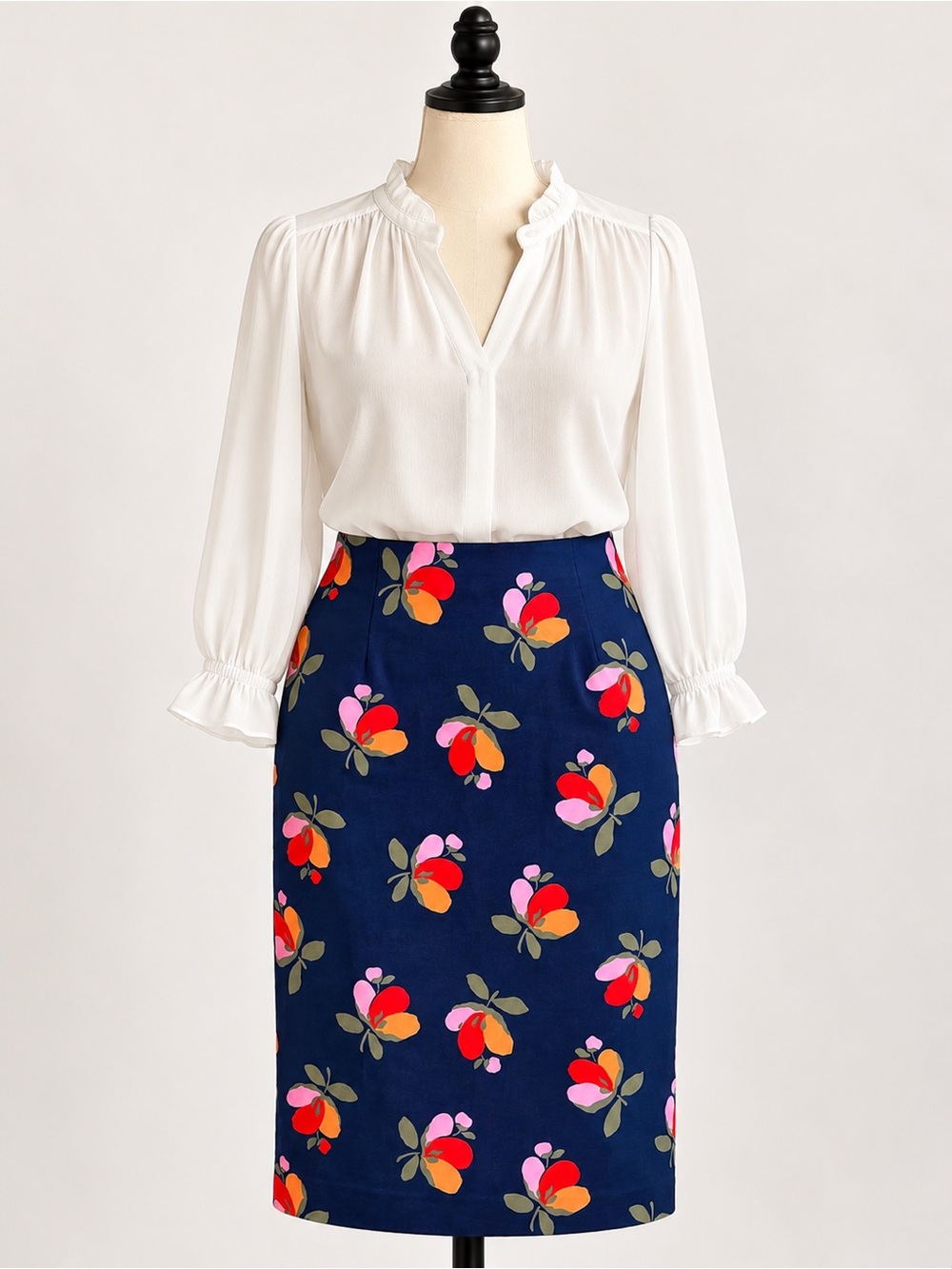 Boden Floral Pencil Skirt Navy Blue Cotton Stretch US 10 Long